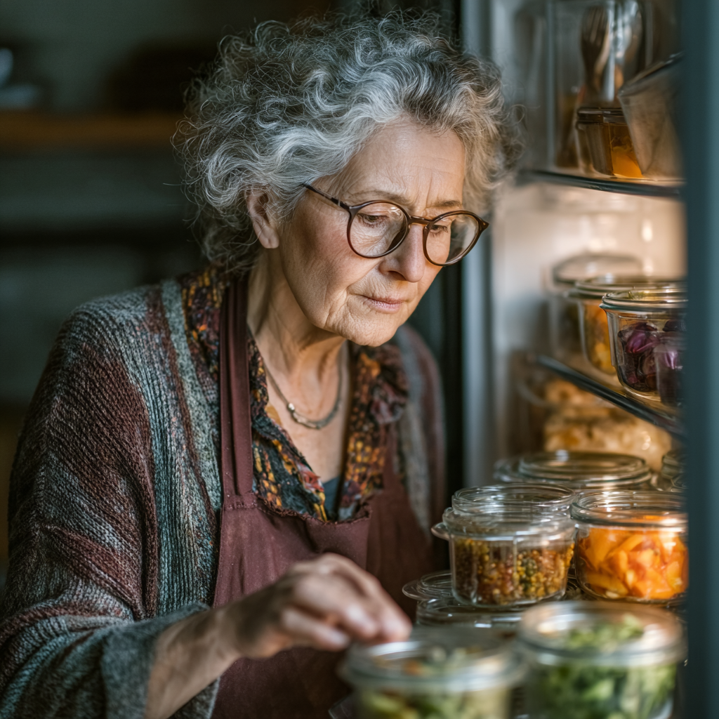 Femeie în vârstă pregătind o masă colorată și sănătoasă în bucătăria ei